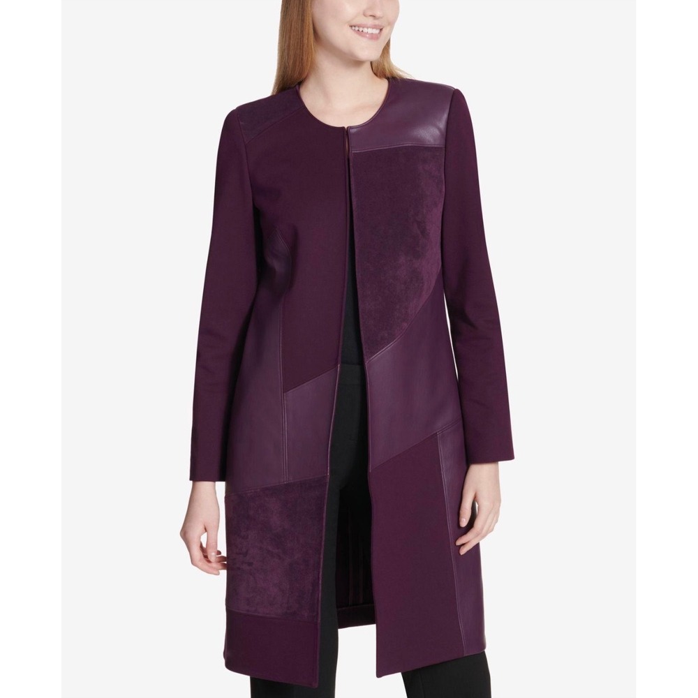 NWT Calvin Klein Mixed Media Plum Faux Suede Leather Velvet Long Jacket Size 16W - Picture 1 of 7